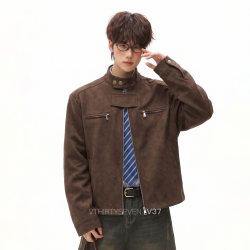 V37 美式复古扎染PU皮立领夹克男秋季高街痞帅百搭短款机车服外套
