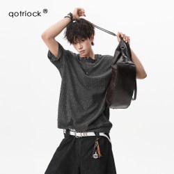 QOTRIOCK 复古老钱风针织亨利领T恤男女夏季纯色简约五分袖宽松高级感短袖