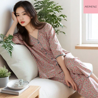 慵懒时光：安之伴 2026新款睡衣女夏季七分袖九分裤纯棉碎花家居服304050岁妈妈套装 M七分袖九分裤：