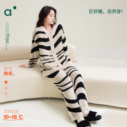 安之伴 26新款半边绒睡衣女秋冬保暖厚条纹艺术感宽松女 杏子灰 L