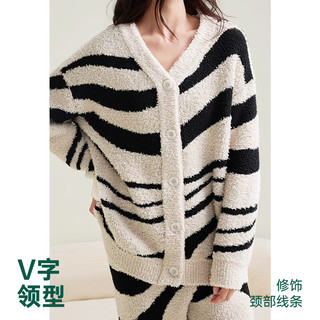 安之伴 半边绒抗静电条纹睡衣套装 杏子灰 L