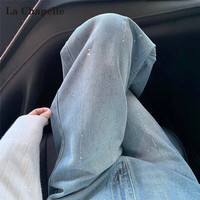 拉夏贝尔 烫钻直筒牛仔裤女春秋超火亮晶晶窄版阔腿裤 浅蓝色 XL