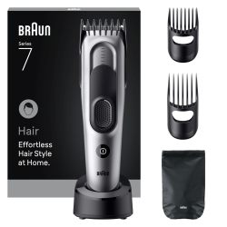 Braun 博朗 HC7590 系列 7 理发器 + 5 个配件,终身锋利刀片,17 种长度设置,带记忆按钮,50 分钟运行时间,可水洗,灰色