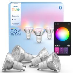 Philips 飞利浦 Hue Essential 智能 LED GU10 聚光灯灯泡,白色和彩色,4.7W,2200K-6500K,345 流明,可调光,可与 Alexa、Google Assistant 和 Apple Home 配合使用,4 件装