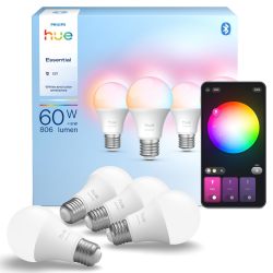 Philips 飞利浦 Hue Essential 智能 LED A60 灯泡,白色和彩色,E27 插座,8W,2200K-6500K,806 流明,可调光,可与 Alexa、Google Assistant 和 Apple Home 配合使用,4 件装
