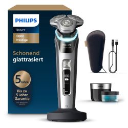 Philips 飞利浦 Razor i9000 Prestige 干湿两用剃须刀,带集成修剪器,灰色/银色,压力传感器,清洁站,充电站和旅行盒(型号 XP9205/30)