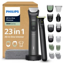 【超市专属上新】PHILIPS 飞利浦 Multigroom 系列 9000 一体式 23 件胡须修剪器、毛发修剪器和 OneBlade 修剪器 - 完整的面部、头部和身体护理套装,27 种长度设置(0.2-20 毫米),MG9561/30