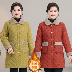 妈妈冬装棉袄加绒加厚棉衣服中长款中老年冬季外套保暖纯色棉服女
