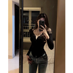 纯欲风御姐秋冬新款设计感修身显瘦辣妹长袖内搭挂肩针织蕾丝上衣