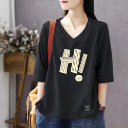 时尚V领t恤夏季新款纯棉韩版胖MM短袖女宽松显瘦百搭大码上衣女潮