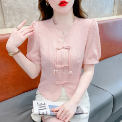 国风盘扣衬衫女短袖2024新款夏季独特别致小衫爆款气质新中式上衣