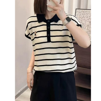 飞飞袖短袖针织衫女薄款夏季新款时尚洋气宽松条纹刺绣上衣1165-2