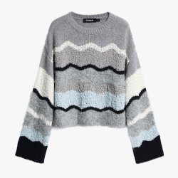 Desigual 26秋冬新品撞色波浪条纹圆领长袖女式针织衫