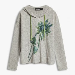 Desigual 26秋冬新品灰色手绘雏菊印花连帽女式针织衫