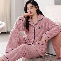 FOURDATRY 睡衣女甜美可爱开衫冬季法兰绒加绒加厚珊瑚绒保暖大码休闲家居服