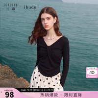 三彩 2026秋季新款折裥T恤长袖修身V领套头短款女 经典黑 L 165/88A