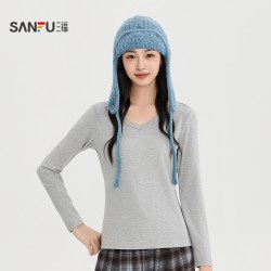 三福 女士V领修身长袖T恤