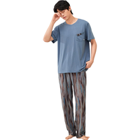 安之伴 男士纯棉短袖长裤睡衣 土蓝色 2XL