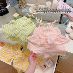 好依宝 夏季女童背心短裤两件套格子蝴蝶结吊带女宝宝短袖套装背心裙裤