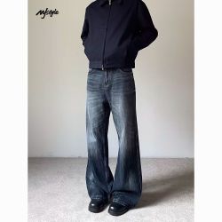 MJ STYLE Ykk定制美式复古水洗深蓝灰vintage微喇牛仔裤男直筒Cleanfit长裤
