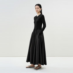 LESS 春季针织拼接连衣裙女赫本风黑色圆领长款显瘦裙子2P3G12850
