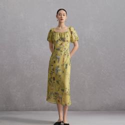 纳薇 夏款国风高级新中式瑞鹤印花复古轻熟泡泡袖连衣裙女