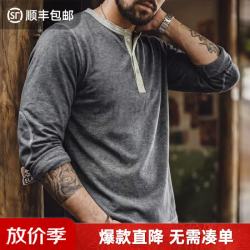 马登 工装美式复古仿蜡染灰色老钱风亨利领长袖t恤衫内搭上衣男秋 深灰  S