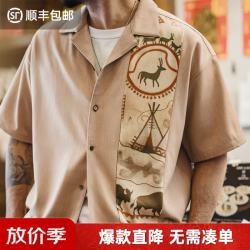 马登 工装美式复古印花古巴领衬衫男印第安薄款短袖衬衣外套男士秋 卡其色 -宽松偏大 2XL