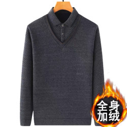 新款爸爸冬装加绒加厚保暖毛衣中老年人男士假两件上衣服针织毛衫