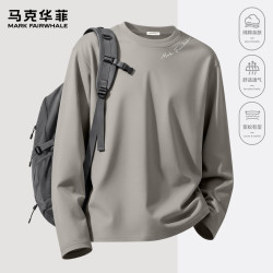 马克华菲 春秋纯棉圆领长袖T恤衫青年简约潮流上衣透气舒适日常通勤体恤衫 -浅灰#PMK半个弧线 XL