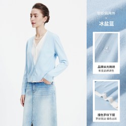 navigare 意大利小帆船秋季新款灰色女针织开衫撞色假两件V领上衣