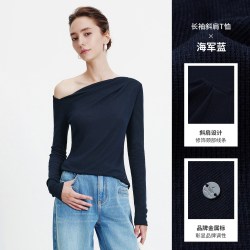 navigare 意大利小帆船秋季新款女士法式斜肩长袖T恤修身露肩上衣