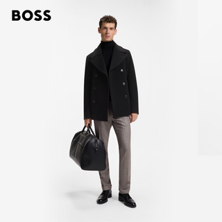 BOSS 男士70%羊毛海军领双排扣短款毛呢大衣 黑色 L