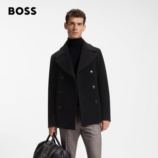 BOSS 男士70%羊毛海军领双排扣短款毛呢大衣 黑色 L