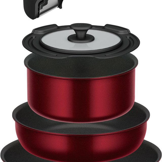 THERMOS 膳魔师 耐用系列 KSD-5A DR 煎锅套装,可拆卸手柄,DA IH 和气体兼容,深红色煎锅和锅可用洗碗机清洗