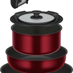THERMOS 膳魔师 耐用系列 KSD-5A DR 煎锅套装,可拆卸手柄,DA IH 和气体兼容,深红色煎锅和锅可用洗碗机清洗