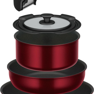 THERMOS 膳魔师 耐用系列 KSD-5A DR 煎锅套装,可拆卸手柄,DA IH 和气体兼容,深红色煎锅和锅可用洗碗机清洗