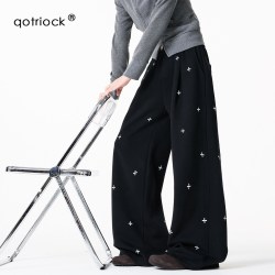 QOTRIOCK 美式十字架满印加绒卫裤男女2026秋季新款宽松大码慵懒感休闲长裤