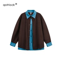 移动端：QOTRIOCK 美式假两件polo领长袖衬衫男秋季复古美拉德长袖衬衣宽松百搭外套