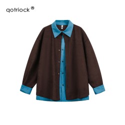 QOTRIOCK 美式假两件polo领长袖衬衫男秋季复古美拉德长袖衬衣宽松百搭外套