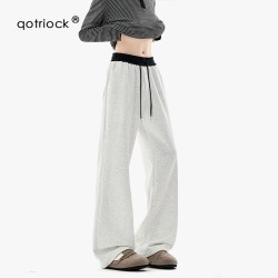 QOTRIOCK 美式腰头拼接撞色休闲裤男女秋潮牌慵懒垂感直筒长裤宽松简约卫裤