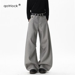 QOTRIOCK 老钱风新贵条纹弯刀西裤男女秋季潮牌高级感廓形休闲裤宽松阔腿裤