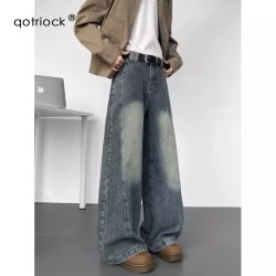 QOTRIOCK 复古水洗解构弯刀牛仔裤男女秋季cleanfit加绒休闲裤宽松阔腿长裤