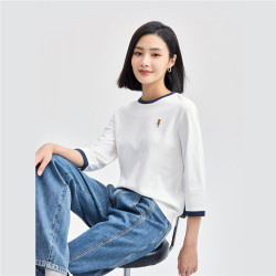佐丹奴 T恤女纯棉套头衫猫咪刺绣撞色圆领七分袖上衣05324798