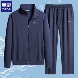 罗蒙 春秋款中老年男士运动服套装 纯棉休闲宽松两件套