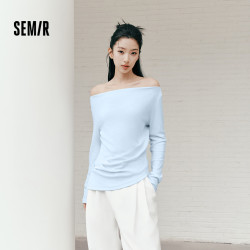 森马 女短款一字肩 收腰微胖显瘦蓝色t恤衫