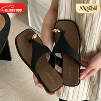 细细条 夏季法式风度假时尚坡跟套趾拖鞋个性金属扣防滑百搭休闲一字女鞋 黑色复古拼色 36-37