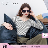 三彩 2026秋季新款条纹T恤一字领长袖修身短款女 米白色条纹 M 160/84A