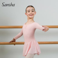 SANSHA 儿童长袖裙连体服雪纺V领蕾丝芭蕾舞服练功表演服51AF0002浅粉L