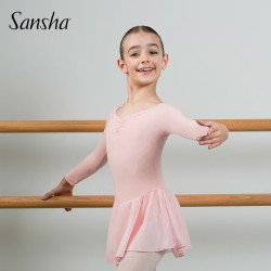 SANSHA 儿童长袖裙连体服雪纺V领蕾丝芭蕾舞服练功表演服51AF0002浅粉L